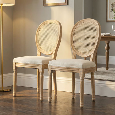 Vintage Inspired Dining Chairs With Solid Wood Frame - Rattan Back, Linen Fabric, Set Of 2