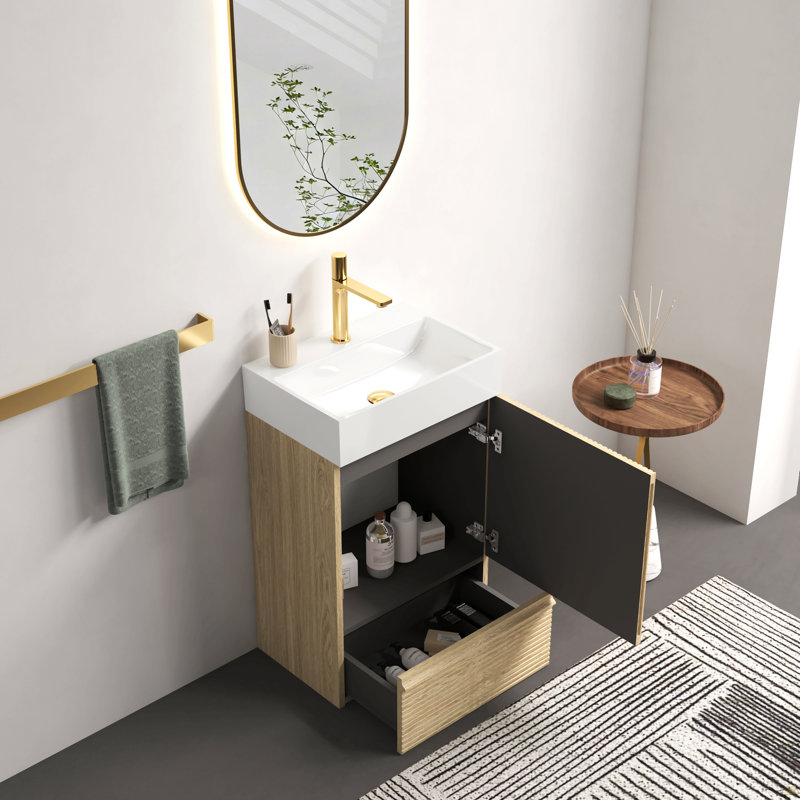 Meuble-lavabo rayé en chêne clair de 20 po avec lavabo en céramique blanche, meuble de salle de bain autoportant pour salle de bain moderne, lavabo en céramique blanche une pièce sans drain ni robinet, KD