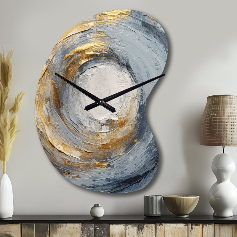Horloge murale spirale abstraite dorée et bleue à spirales vibrantes IV, Petit
