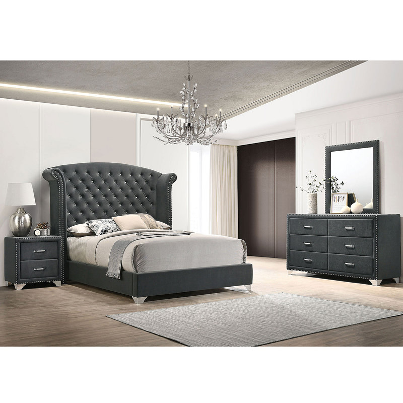 Ensemble de chambre avec grand lit 4 pièces Kennedy Gris, gris, Quatre pièces : lit, table de chevet, commode et, Grand