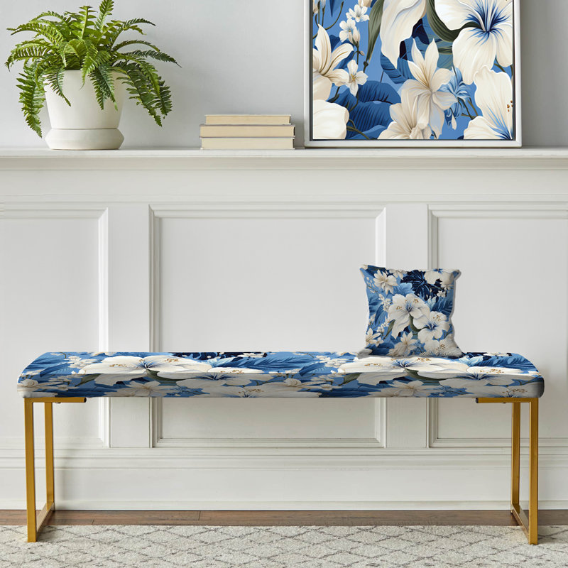 Upholstered Gold Bench, Azure Oasis Tropical Pattern V