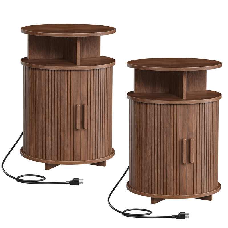 Tables de bout rondes cannelées de 15,7 po avec station de charge et porte de tambour coulissante, table de chevet Mid-Century avec rangement pour petits espaces