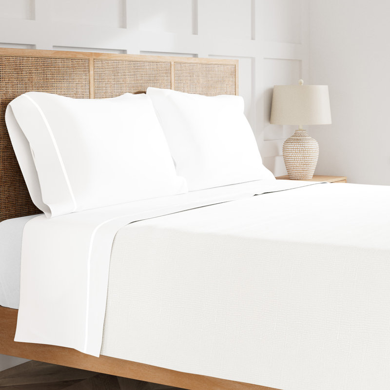 Silk Trim Sheet Set, King Sheet Set with 2 Pillowcases, White