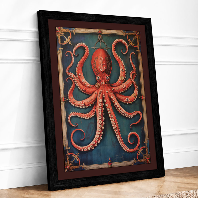 Ornamental Octopus Art Deco - Framed Print, Black, A4 - 29.7 x 21.0 cm