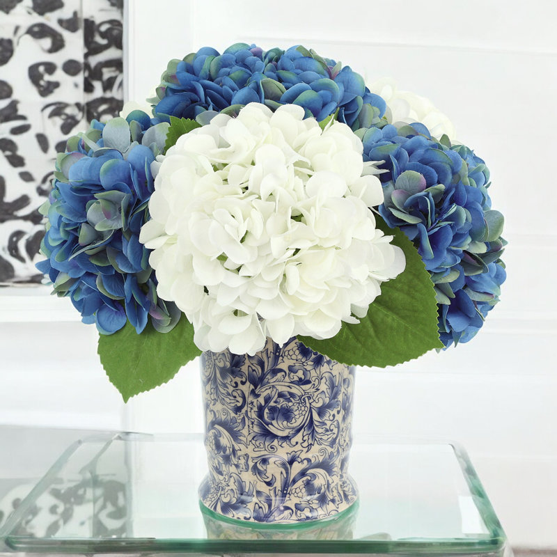 Hydrangea Arrangement in Pot, Blue/White