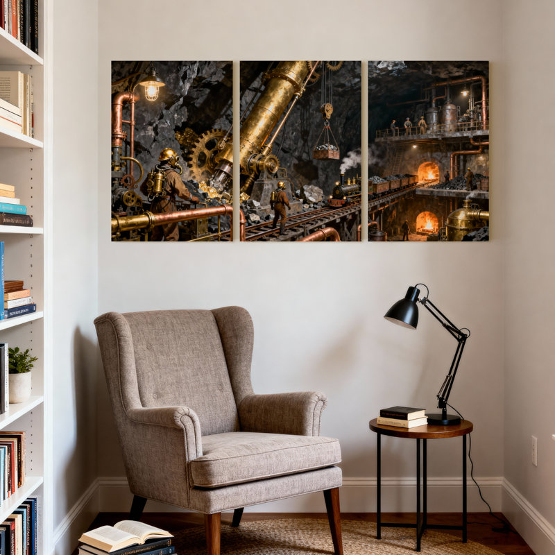 Fantasy & Sci-Fi Steampunk Mine Industrial Machinery Scene Set of 3 Canvas Wall Art Prints, 18" H x 36" W