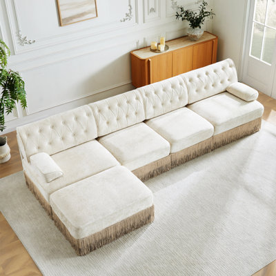 135" L Shaped Pet-Friendly Velvet Fabric,Chesterfield Style Sofa,Tassel Skirt,Slightly Curved Square Armrests,Free Combination,Ergonomic Design,For Living Rooms Rest Areas Bedroom