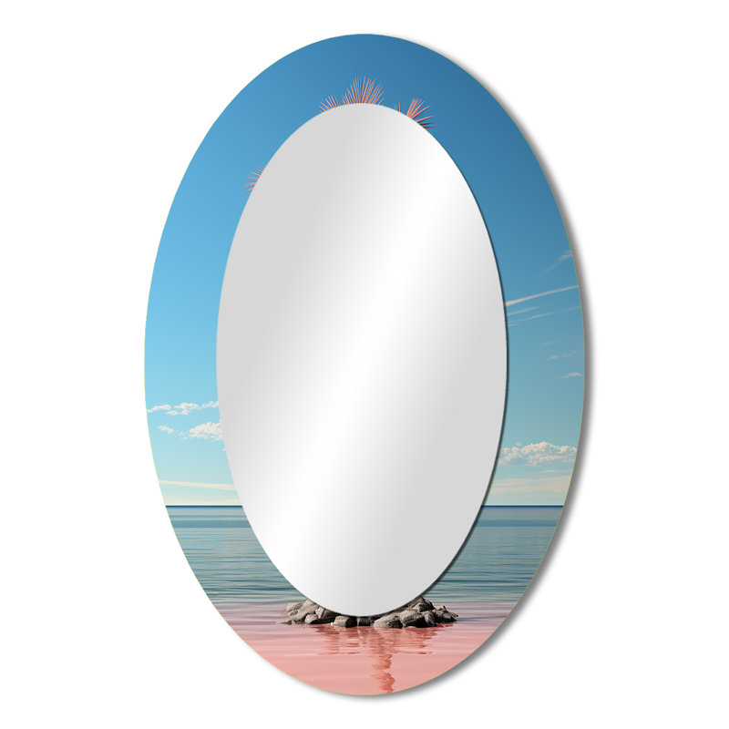 Brise de mer bleue et rose Plam Tree I - Miroir décoratif ovale côtier sur métal, 36 po x 24 po