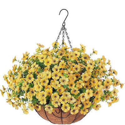Artificielle artificielle plantes suspendues panier de fleurs pour la décoration extérieure extérieure d'été, fausse soie UV résistant aux rayons du soleil véritable coloré marguerite eucalyptus pour porche maison patio balcon