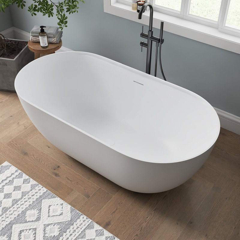 Forma 59'' Freestanding Tub Solid Surface Freestanding Soaking Tub With Bath Caddy, Matte White