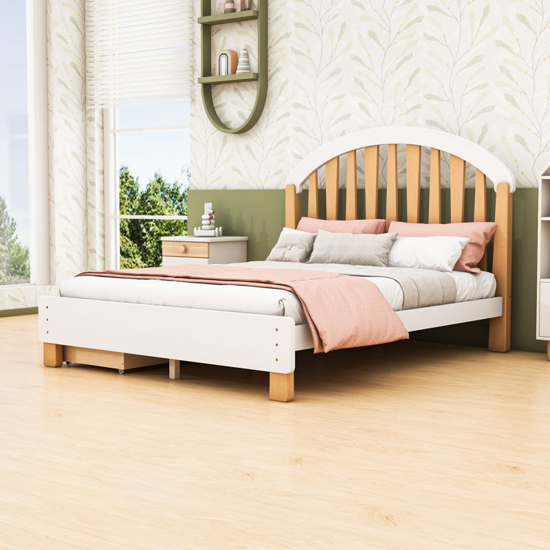 Lit plateforme en bois avec tiroirs de rangement et tête de lit, Full, White Natural