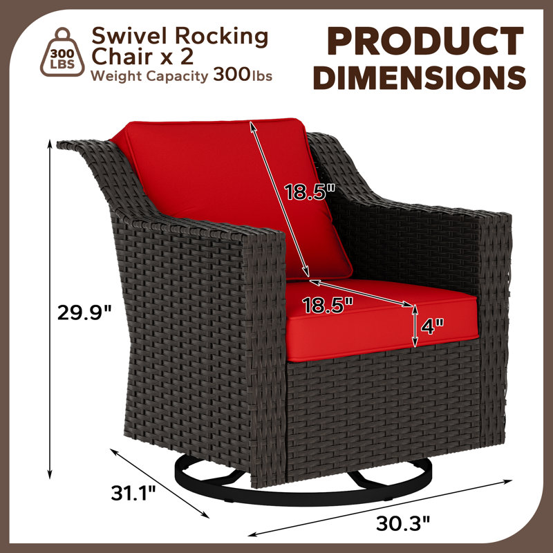 Fauteuil pivotant d'extérieur en osier 2 pièces avec coussins rouges de 4 po d'épaisseur, Rouge