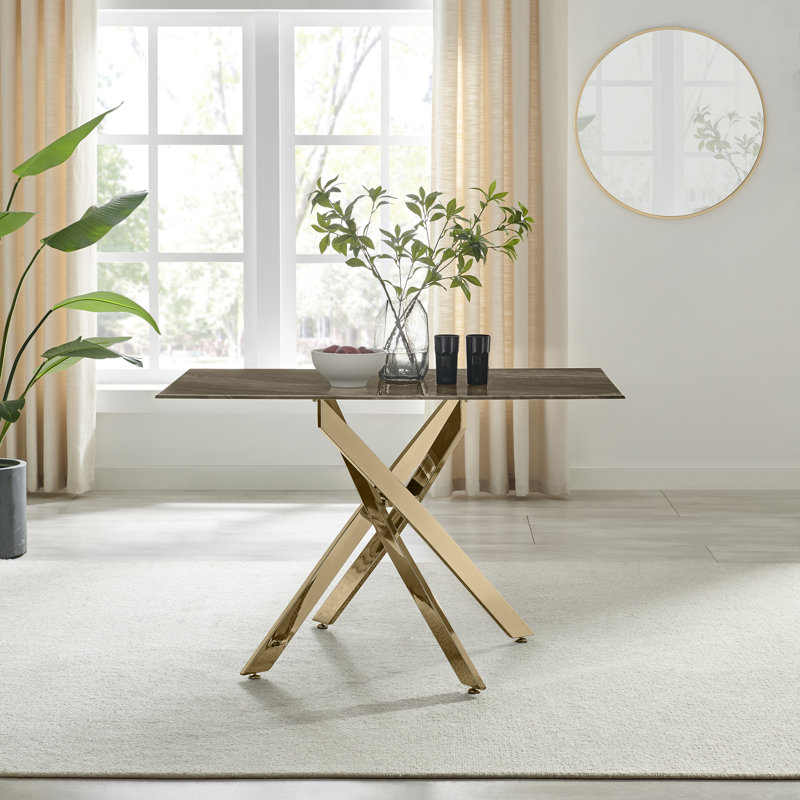 Chanden Luxury Marble Effect Glass 4 Seater Dining Table - Modern Statement Design, Gold, Gray