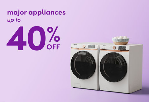Major appliances up to 40% off, featuring a side-by-side washer and dryer set on a light purple background.