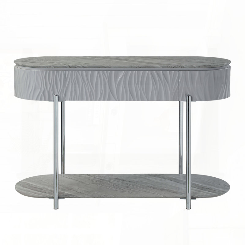 Table de canapé grise très brillante avec finition chromée et tiroirs