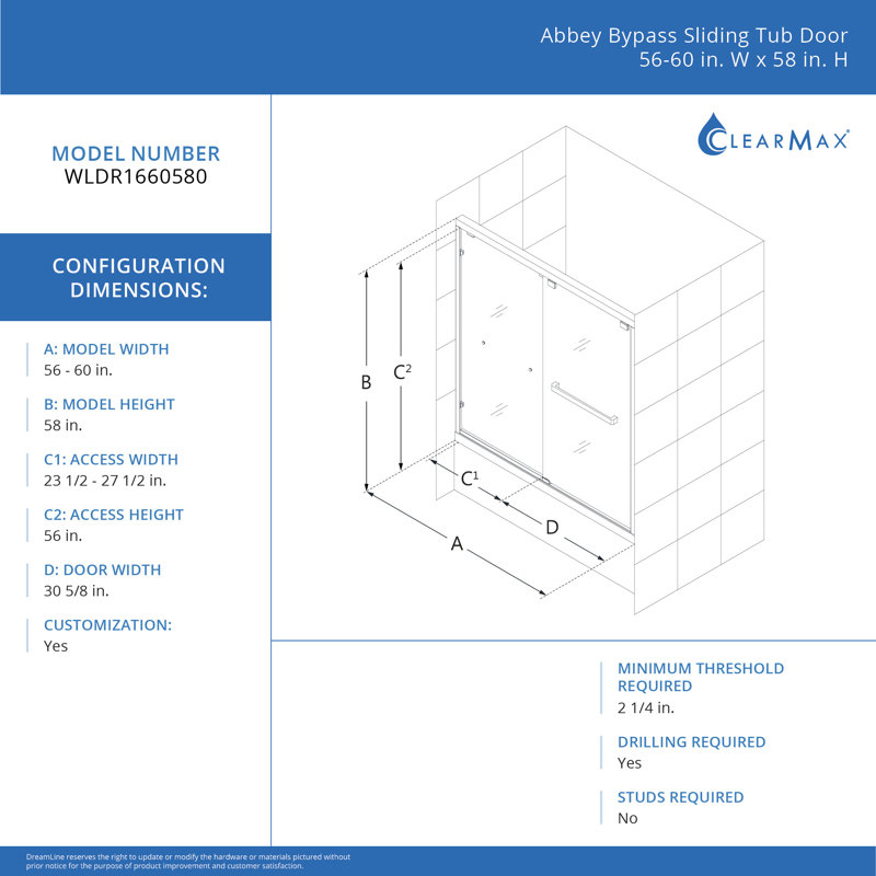 Abbey 27.5" Chrome Semi-Frameless Sliding Tub Door with Clear Glass