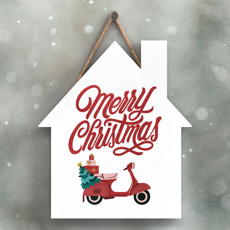Xmas Merry Christmas Scooter Wooden House Plaque, 18.5cm H x 16cm W x 0.9cm D