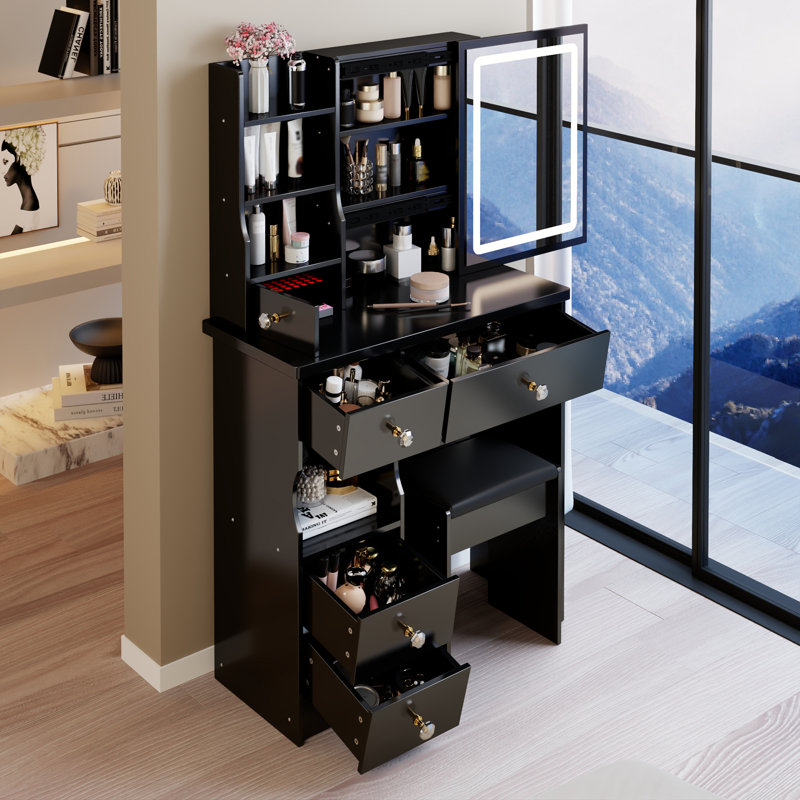 Petit meuble-lavabo 29,2 po avec tabouret de bureau et tabouret, Noir