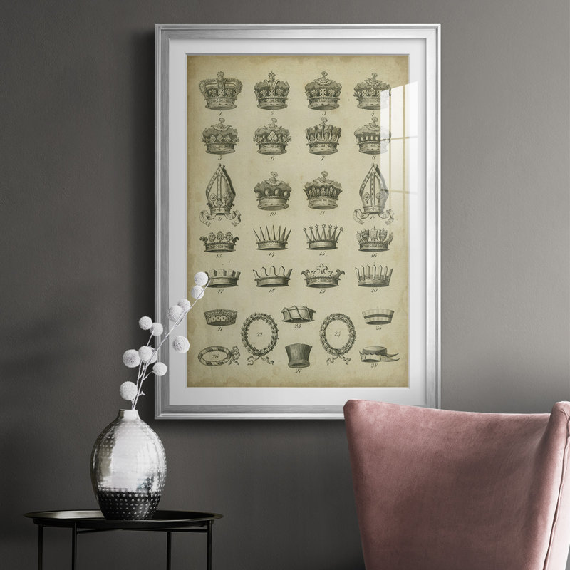 Couronnes et diadèmes héraldiques IV - Encadré sous verre et sous passe-partout, grand tableau pour salon, Argent