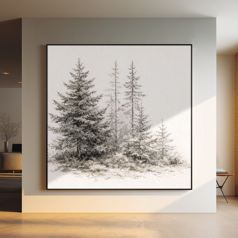 Très grand art mural imprimé sur toile - Décoration de chambre à coucher minimaliste forêt de pins gris d'hiver - "Assemblage requis du cadre (cadre non fini)"