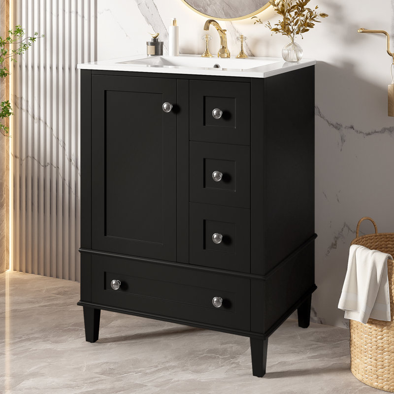 Meuble-lavabo simple avec lavabo en céramique intégré, Noir