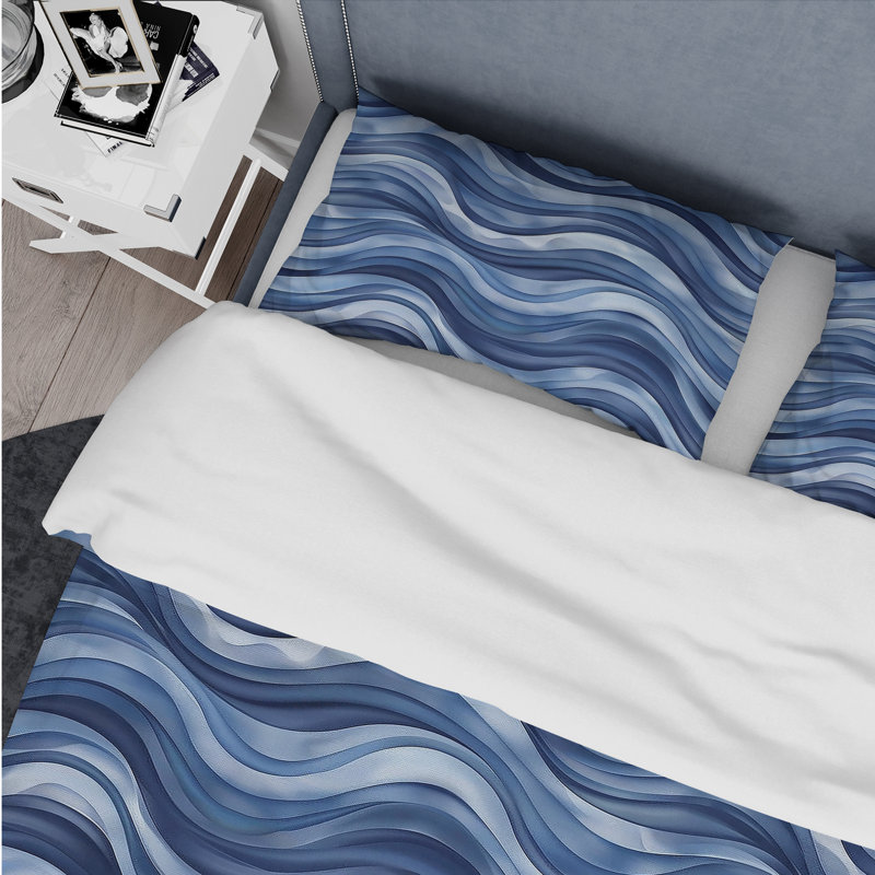 Ensemble de housse de couette Modern White Waves I - blanc et bleu, Housse de couette très grand et 2 très grandes t