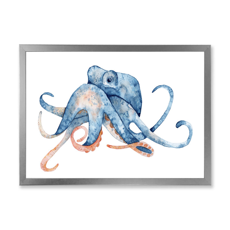 Pieuvre bleue sur blanc - reproduction sur toile, H 16 po x l 32 po x P 1 po, Cadre photo argenté
