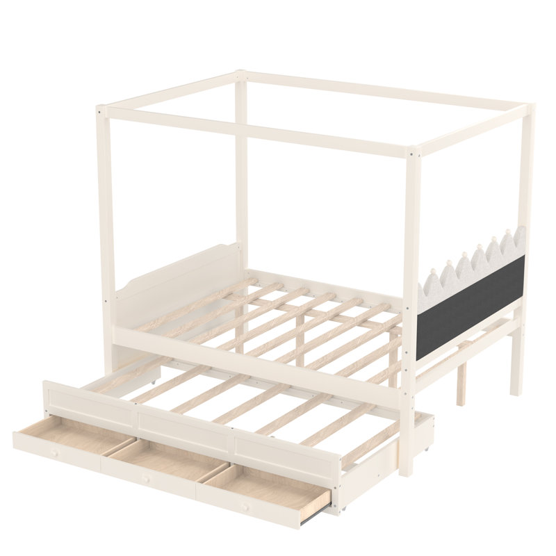 Lit plateforme avec tête de lit tapissier, rangement et assemblage facile, Beige, Double