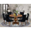 Ensemble de table de cuisine 7 pièces en tissu de lin, 6 chaises de cuisine noires, dossier capitonné et une table ronde de 54 po au fini noyer antique.-814565394-814565402