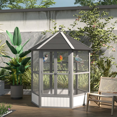Large Wooden Hexagonal Outdoor Aviary Flight Bird Cage With Covered Roof, Light Grey