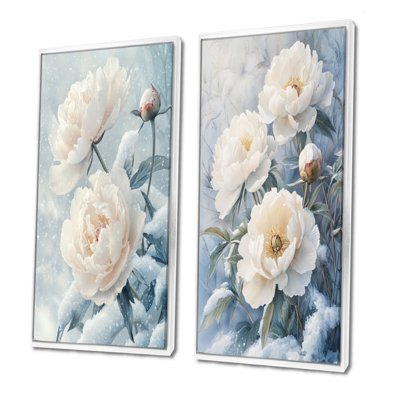 Pivoines dans les congères d'hiver I - art mural floral 2 panneaux, H 32 po x l 33 po, Cadre flottant blanc