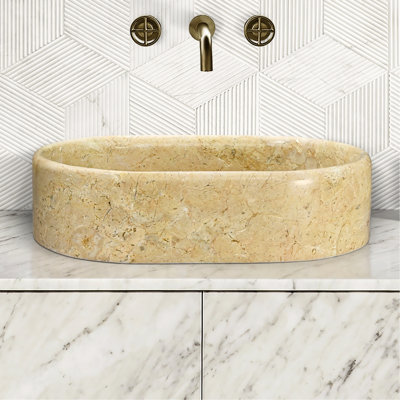Vasque de salle de bain en marbre doré, 40 cm de large, fini à la main, veinage unique, forme ovale naturelle, dimensions : 60 x 40 x 15 cm, installation sur plan de travail, entretien facile