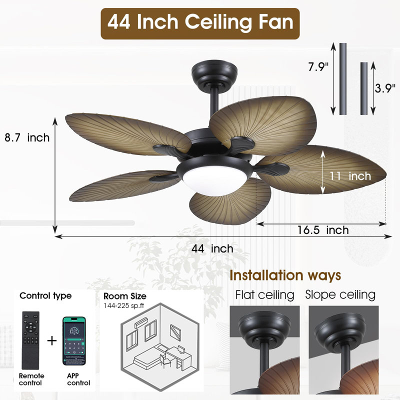 44/52" Palm Tropical 5 Blade Ceiling Fan, 44" Wide, Wood Grain