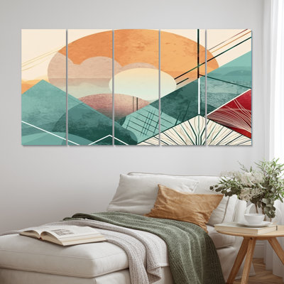 Minimal Boho Landscape In Retro Earthy Green - Modern Geometric Wall Decor - 5 Equal Panels