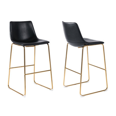 Tabouret de bar en faux cuir noir cousu avec base dorée