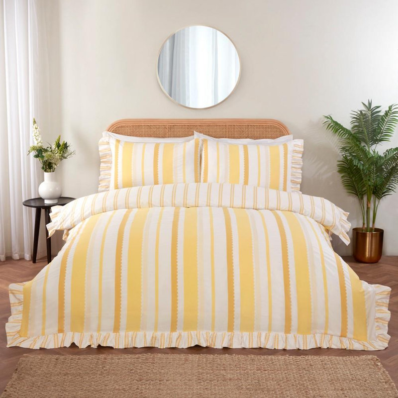 Cotton Blend Striped Duvet Cover Set, Double, Yellow