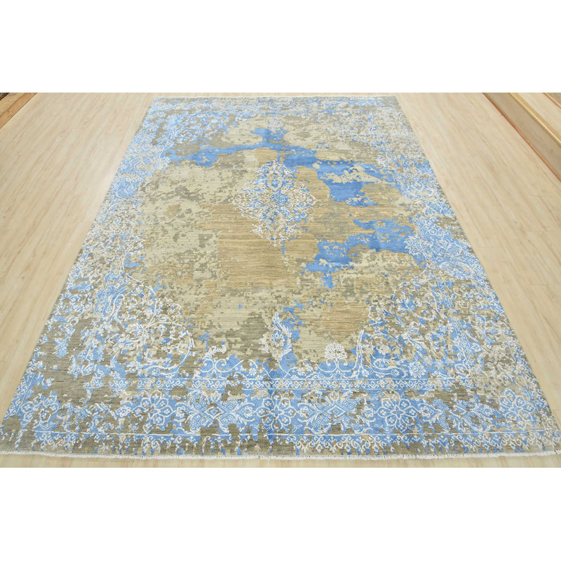 Tapis bleu noué à la main de conception unique 7 pi 11 po x 9 pi 11 po Gader
