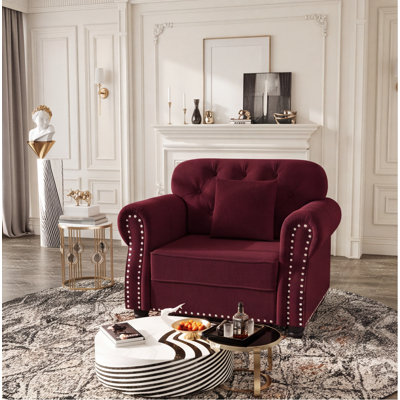 41.3" Mid-Century Chesterfield Velvet Sofa with Nailhead Trim, Rolled Arms, Button Tufted, Burgundy (Includes 1 Pillow)
