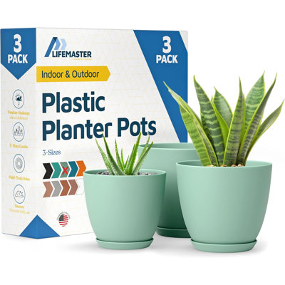 Planter Pots with Drainage Holes - Lightweight, Durable, and Space-Saving Pots for Indoor and Outdoor - Versatile Functionality, Simple Modern Design, Set of 3 Plastic Planter Pots