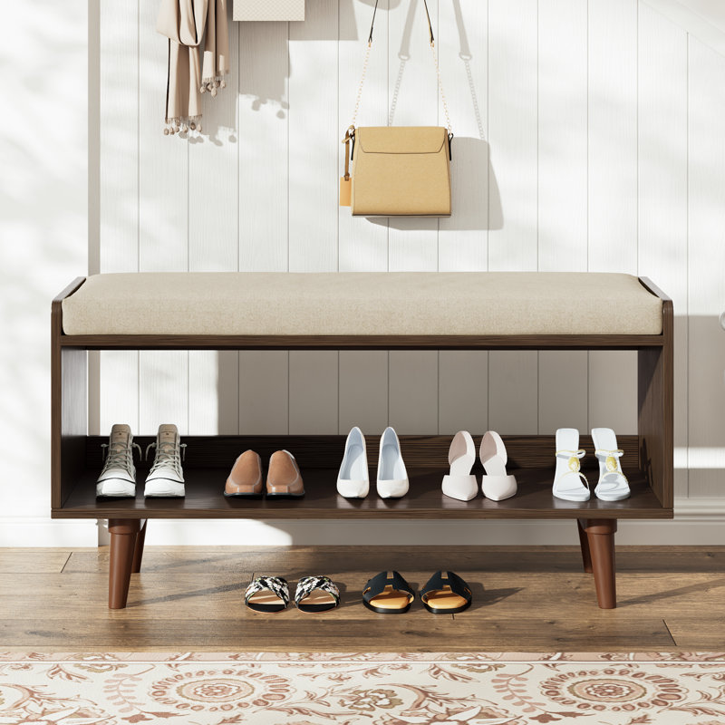 Linen Upholstered Storage Bench With Solid Wood Leg, Brown