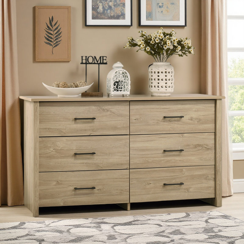 Commode 6 tiroirs 57 po avec poignées, Chêne clair