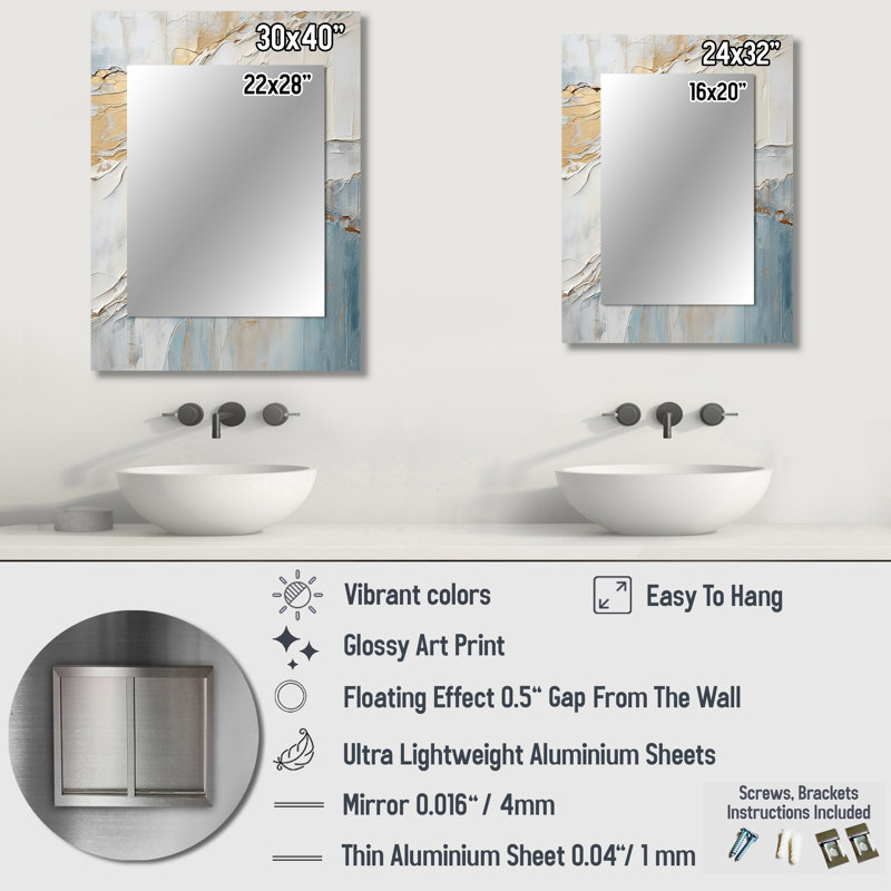 Minimalism Beige And Grey Wave Horizon II - Coastal Large Wall Mirror, Beige Unique Mirror, Printed Metal Art, 40" x 30"