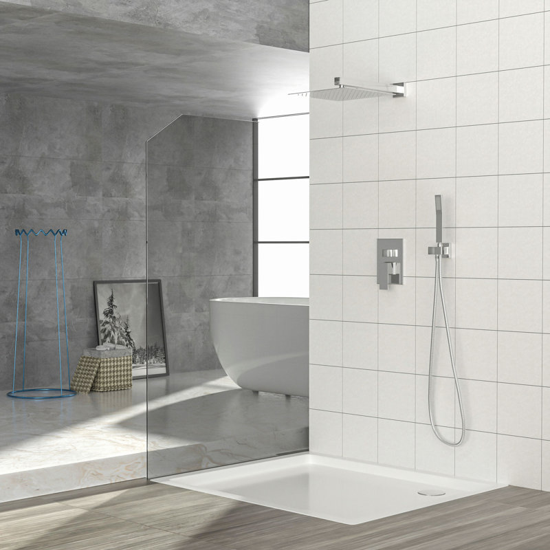 Pomme de douche double - Système de douche carré mural de 10 po avec valve brute, Chrome chrome