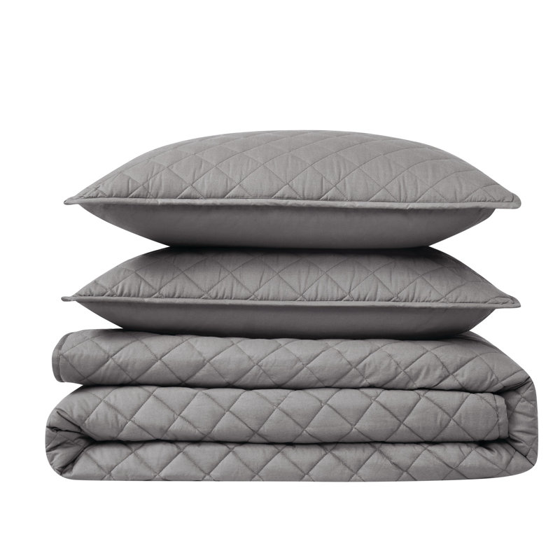 Cannon Solid Oversized Percale 3 Piece Quilt Set, Queen Quilt + 2 Standard Shams, Gray 