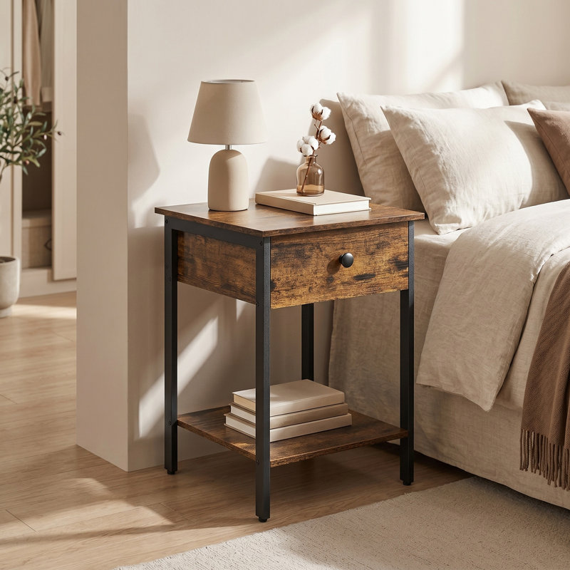 Nedra 40cm W Manufactured Wood Bedside Table, Rustic Brown/Black