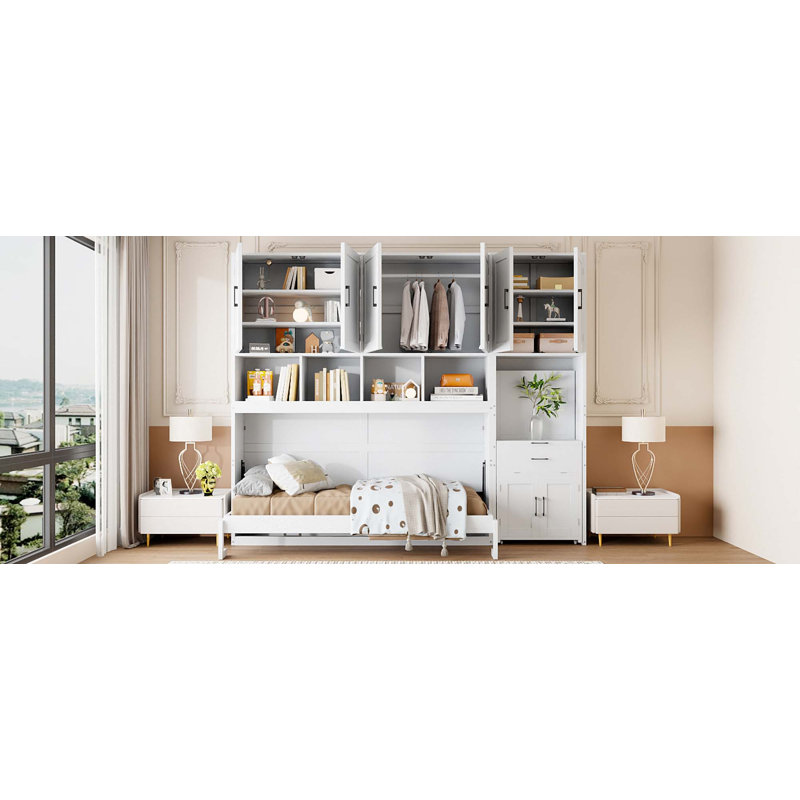 Lit escamotable simple avec placard, tiroirs et bureau