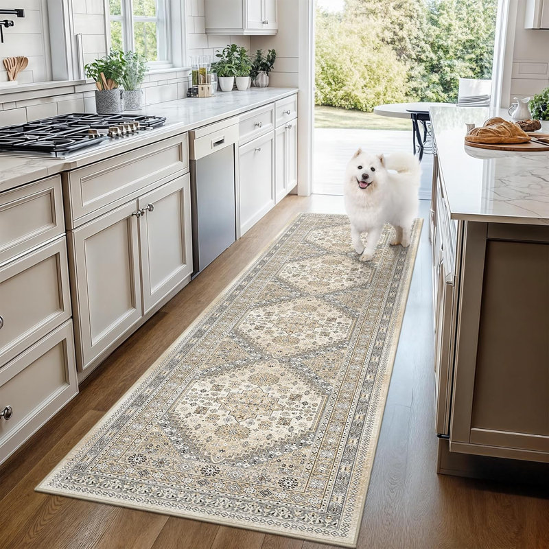 Tapis lavable antidérapant Medallion (beige), Tapis de couloir 2 pi x 12 pi