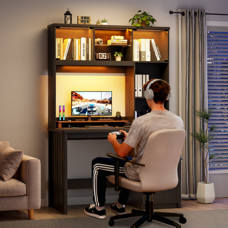 Bureau d'ordinateur moderne avec lampe de bureau coulissante et éclairage DEL intelligent, Noir
