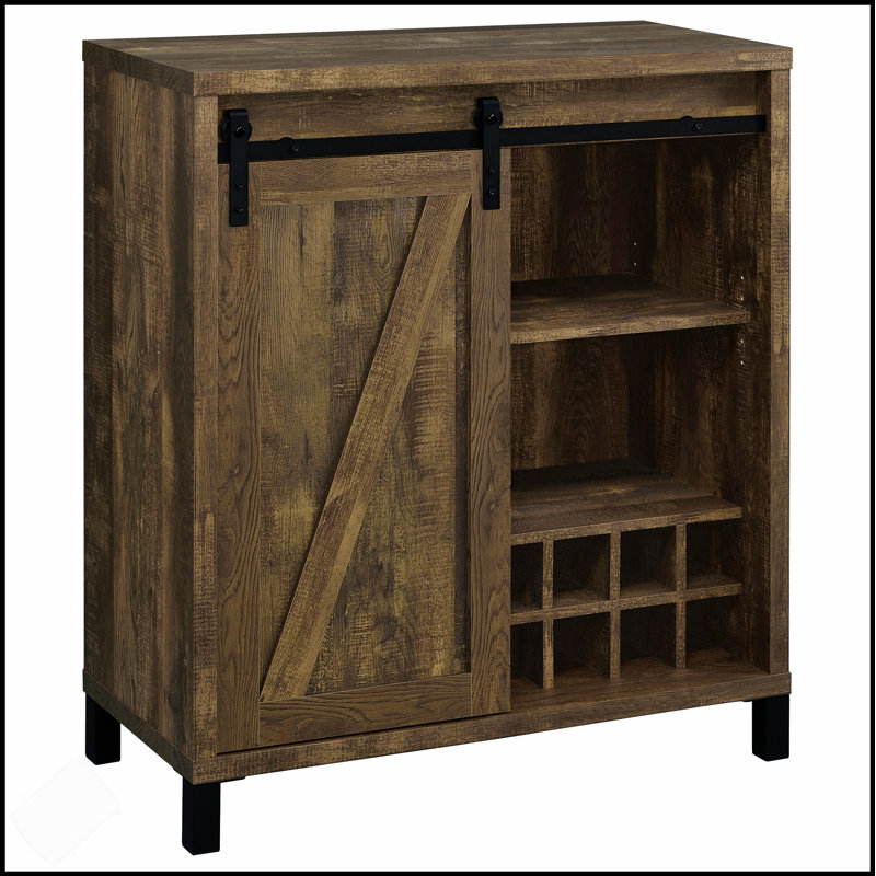 Arcata Rustic Sliding Door Bar Cabinet With Ample Storage And Wine Bottle Holders, Perfect For Farmhouse-Style Entertaining.