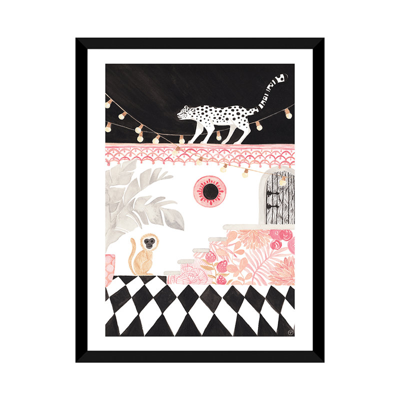 Art sur papier leopard et singe, H 32 po x l 24 po x P 1 po, Papier avec cadre noir